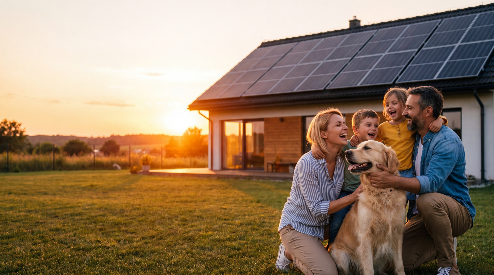 Familie vor Haus mit Solaranlage